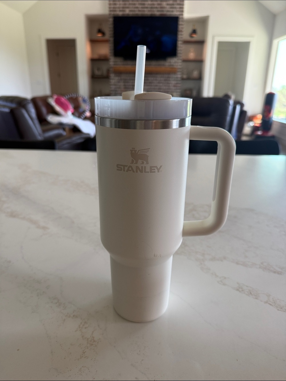 Stanley Cream Insulated Travel Mug with Handle and Straw